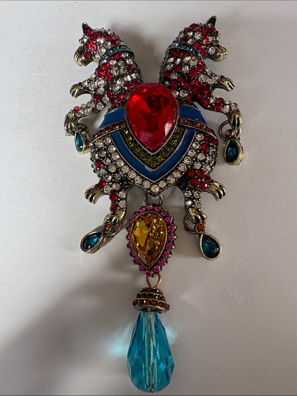 Statement Red and Blue Crystal Drop Brooch